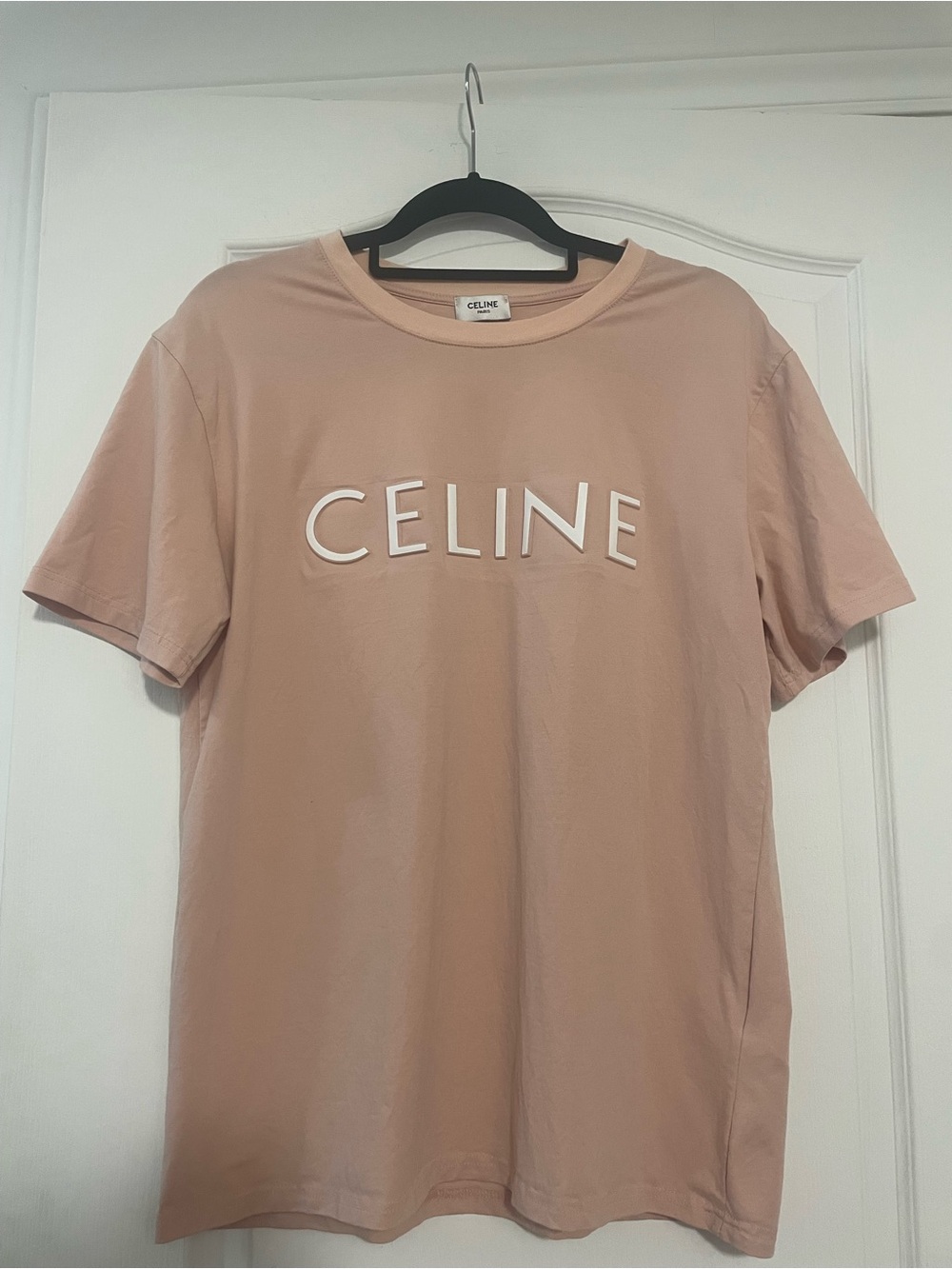 Celine Embossed/Flocked Logo Cotton T-Shirt, Size Extra Large